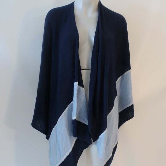 Women J. McLaughlin Navy Blue Light Blue Pure Cashmere Colorblock Shawl Wrap OS - Picture 7 of 12